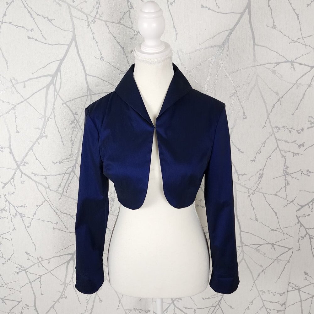 Samuel Dong Navy Stretch Dupioni Cropped Bolero Jacket